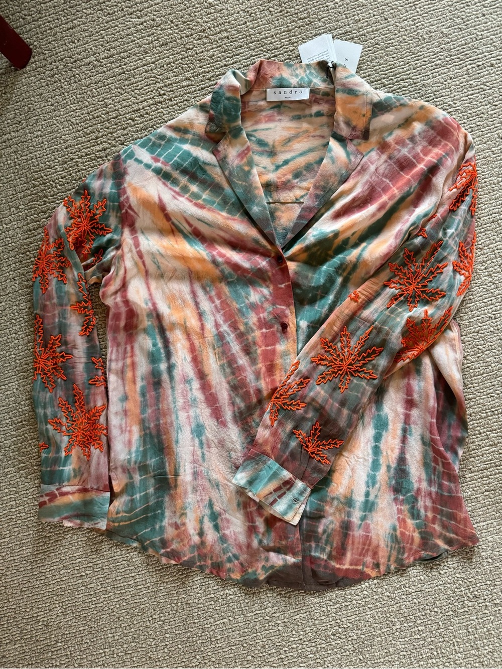 Sandro Multicolor Tie-Dye Blouse with Orange Embroidered Sleeves